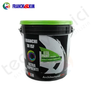 Secchio di vernice nera Franchi&Kim con coperchio verde, etichetta Beta Paint trasparente semilucida.